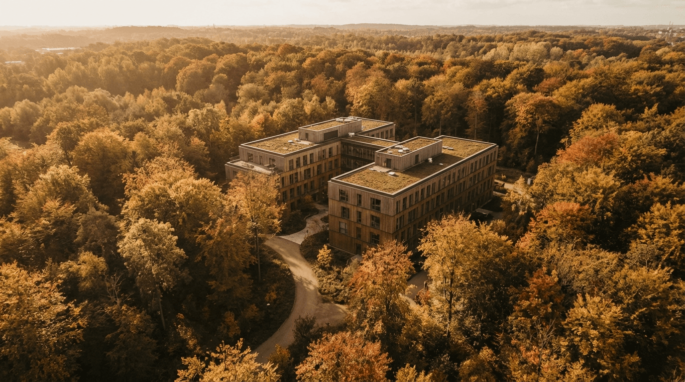 Drone-billede af Kura Apps bygningen i naturen