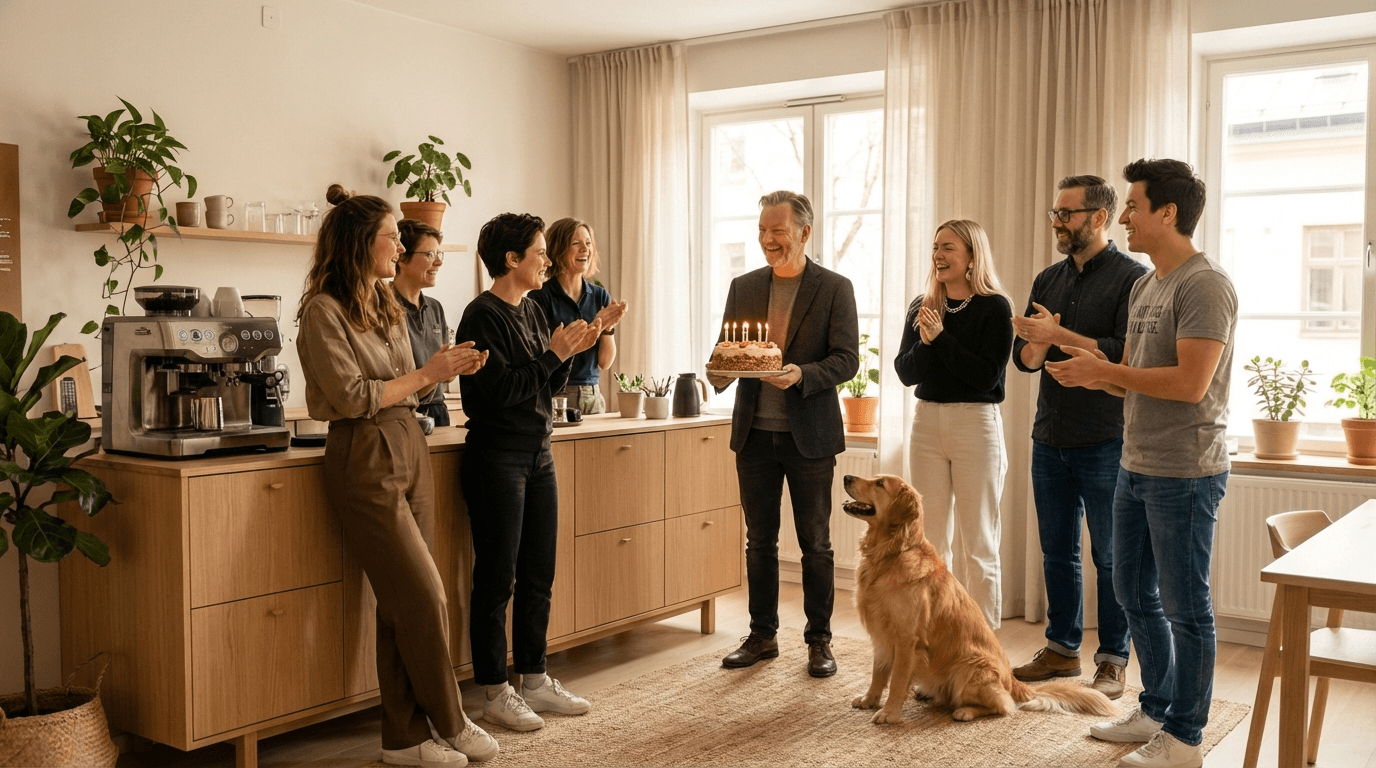 Fejring med fødselsdagskage i caféen