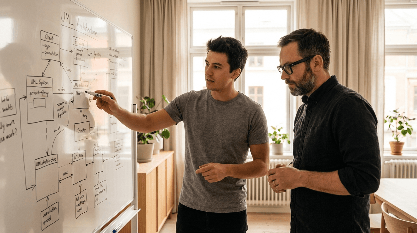 Tom og Aksel arbejder på kode