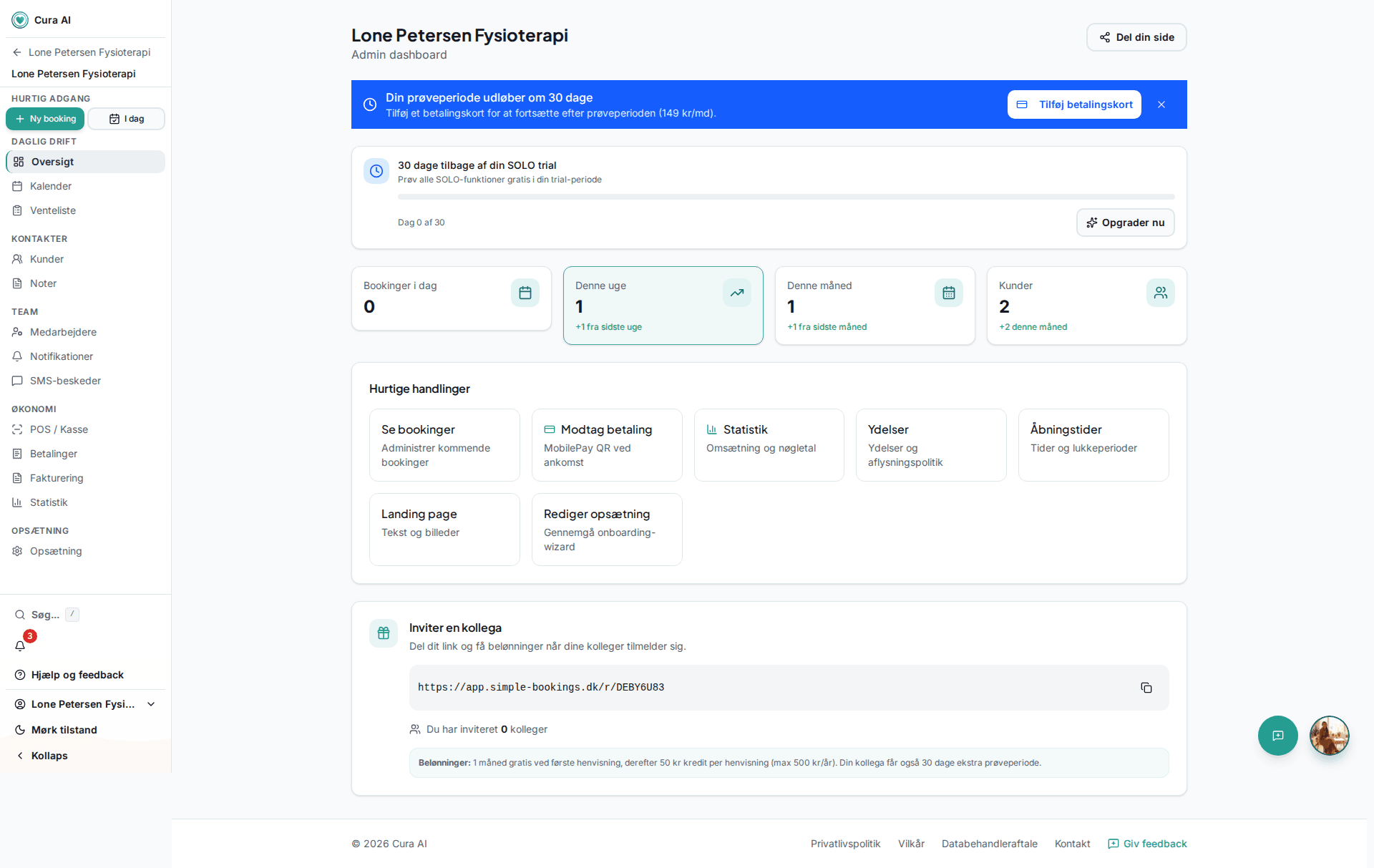 Behandler-dashboard med nøgletal, hurtige handlinger og trial-status