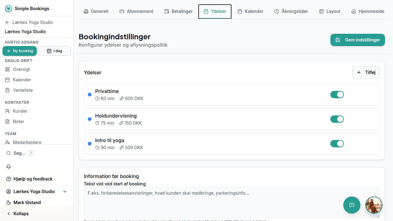 Ydelsesoversigt med navn, varighed, pris og synlighed pr. ydelse