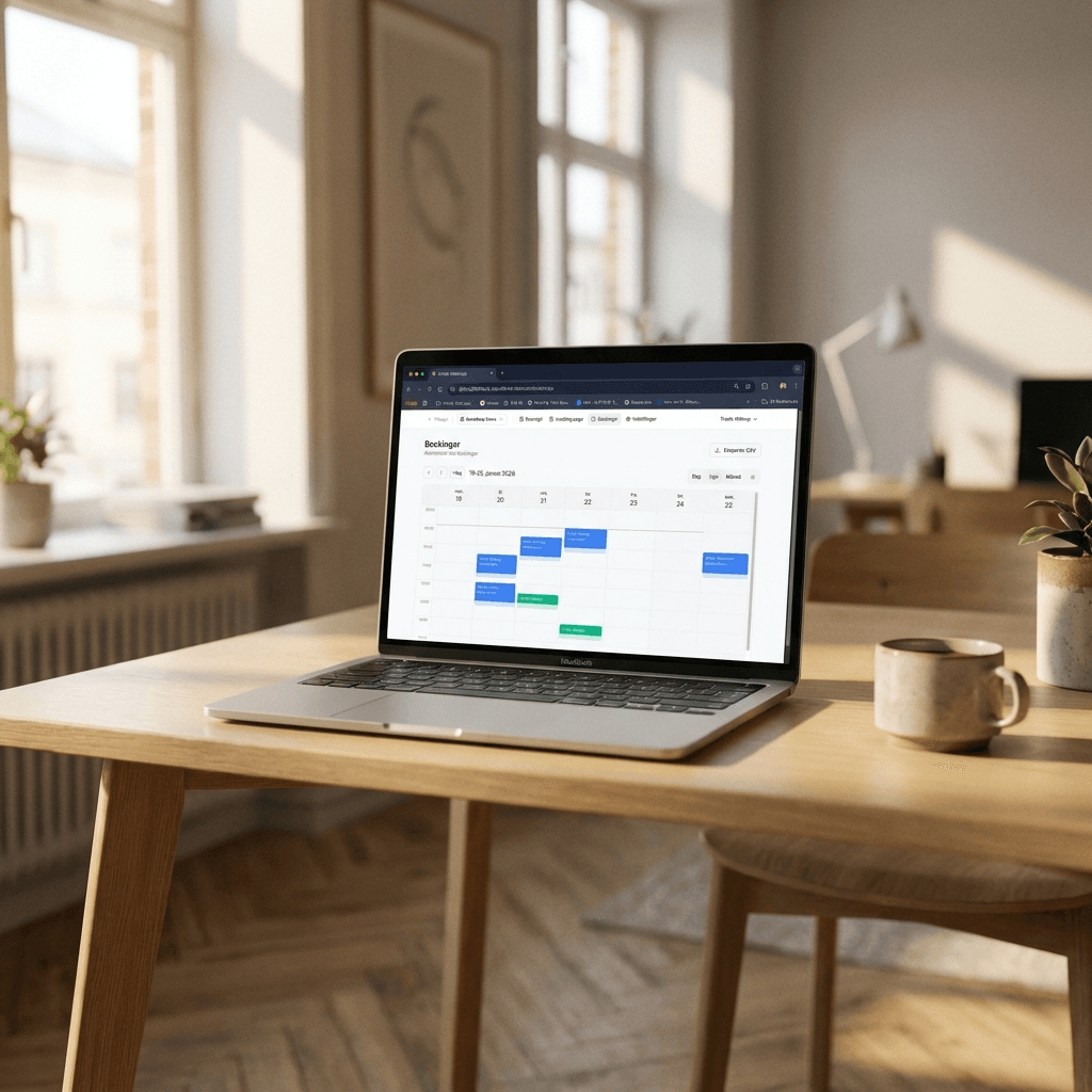 Simple Bookings kalendervisning på en laptop - ugens bookinger med farvemarkerede aftaler