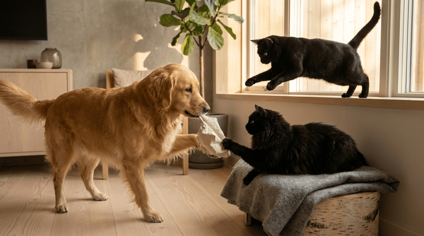 Skygge, Miso og Pixel leger sammen