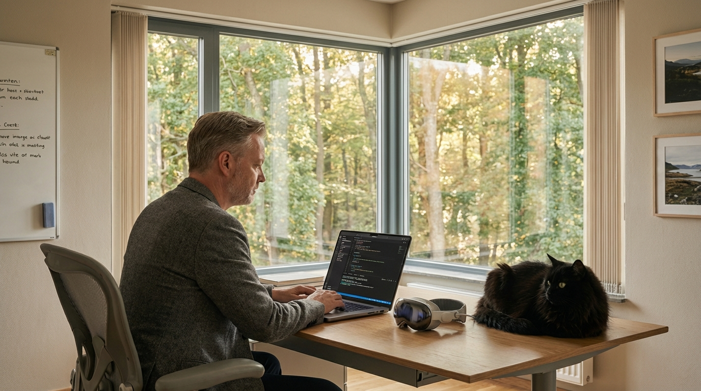 Troels sidder ved sit desk, fokuseret på sin laptop som viser kode. Hans kat Skygge ligger nysgerrigt på bordet. AI-briller på skrivebordet. Store vinduer viser den danske egeskov i fulde farver. Naturligt efterårslys. En mand der tænker på fremtiden, omgivet af teknologi og natur.