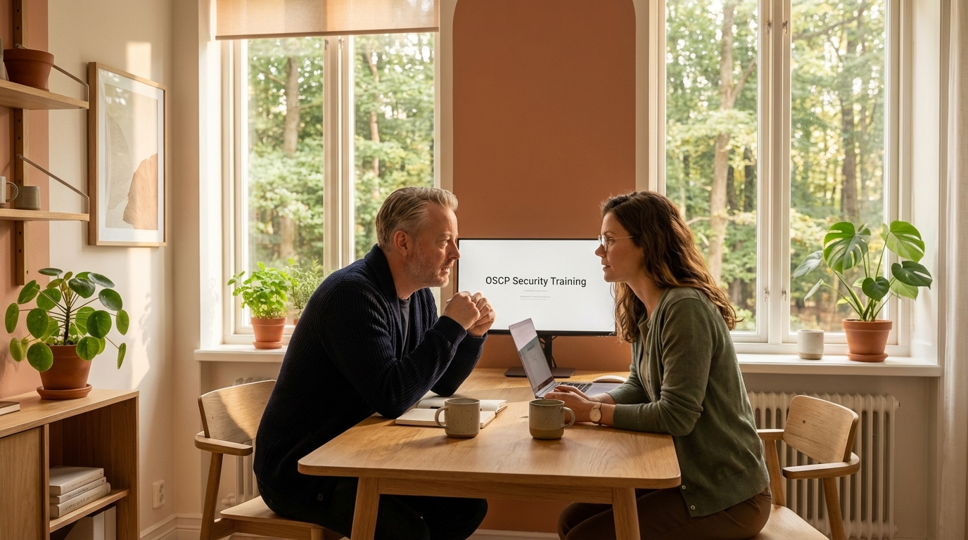 Troels og Vera ved mødebordet med kaffe, morgenlys fra dansk egeskov. Tankefuld, vigtig moment.