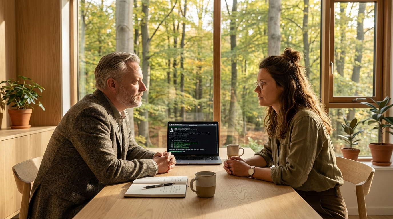 Troels og Vera sidder overfor hinanden ved mødebordet. Troels: gråt hår og skæg, mørkegrå blazer. Vera: brunt bølget hår, runde briller. Intens faglig samtale, øjenkontakt. Dansk egeskov gennem vinduerne. Naturligt lys, varmt Skandinavisk kontor.