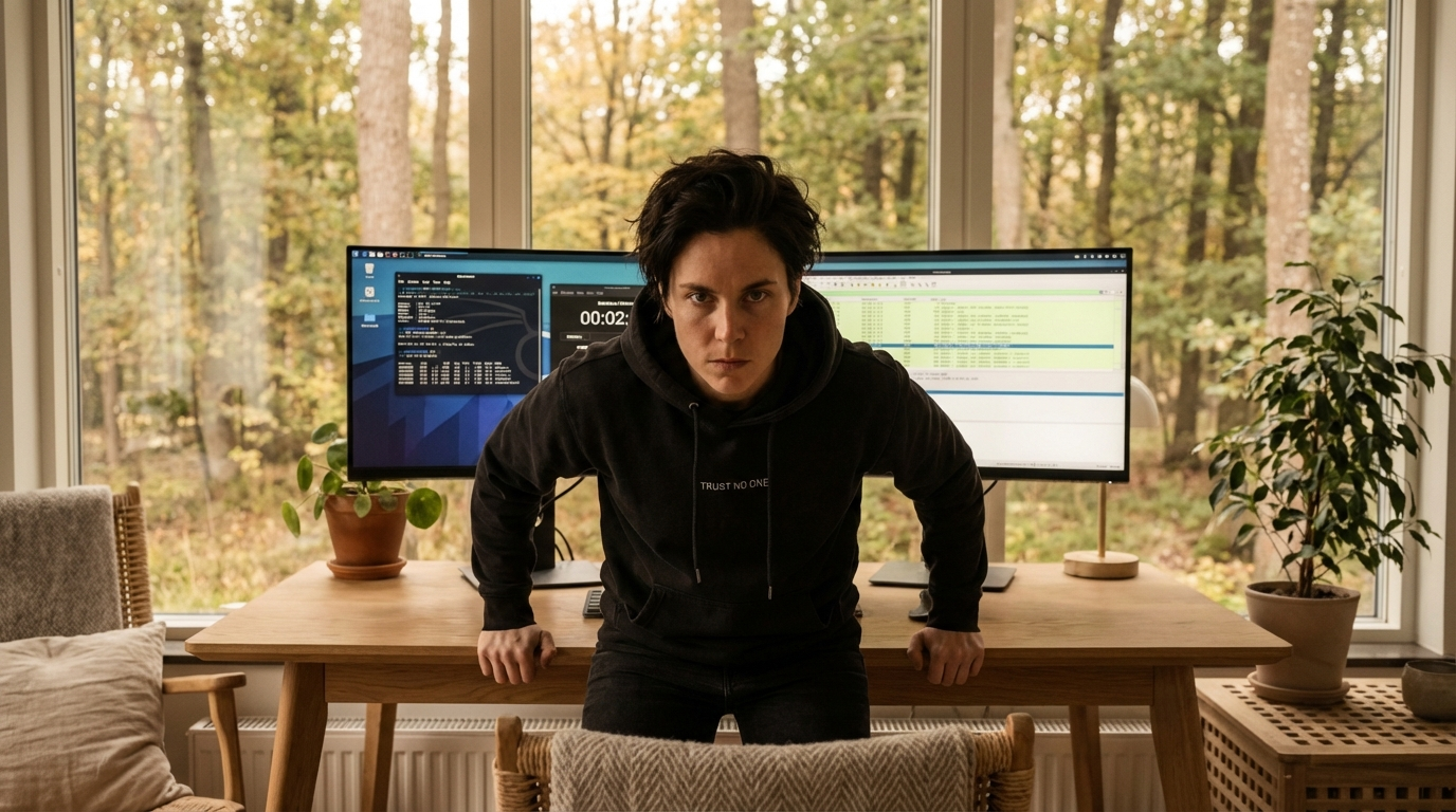 Quinn sidder fokuseret ved sit skrivebord. Intense øjne, klar udtryk. Sikkerhedsekspert klar for OSCP-udfordringen.