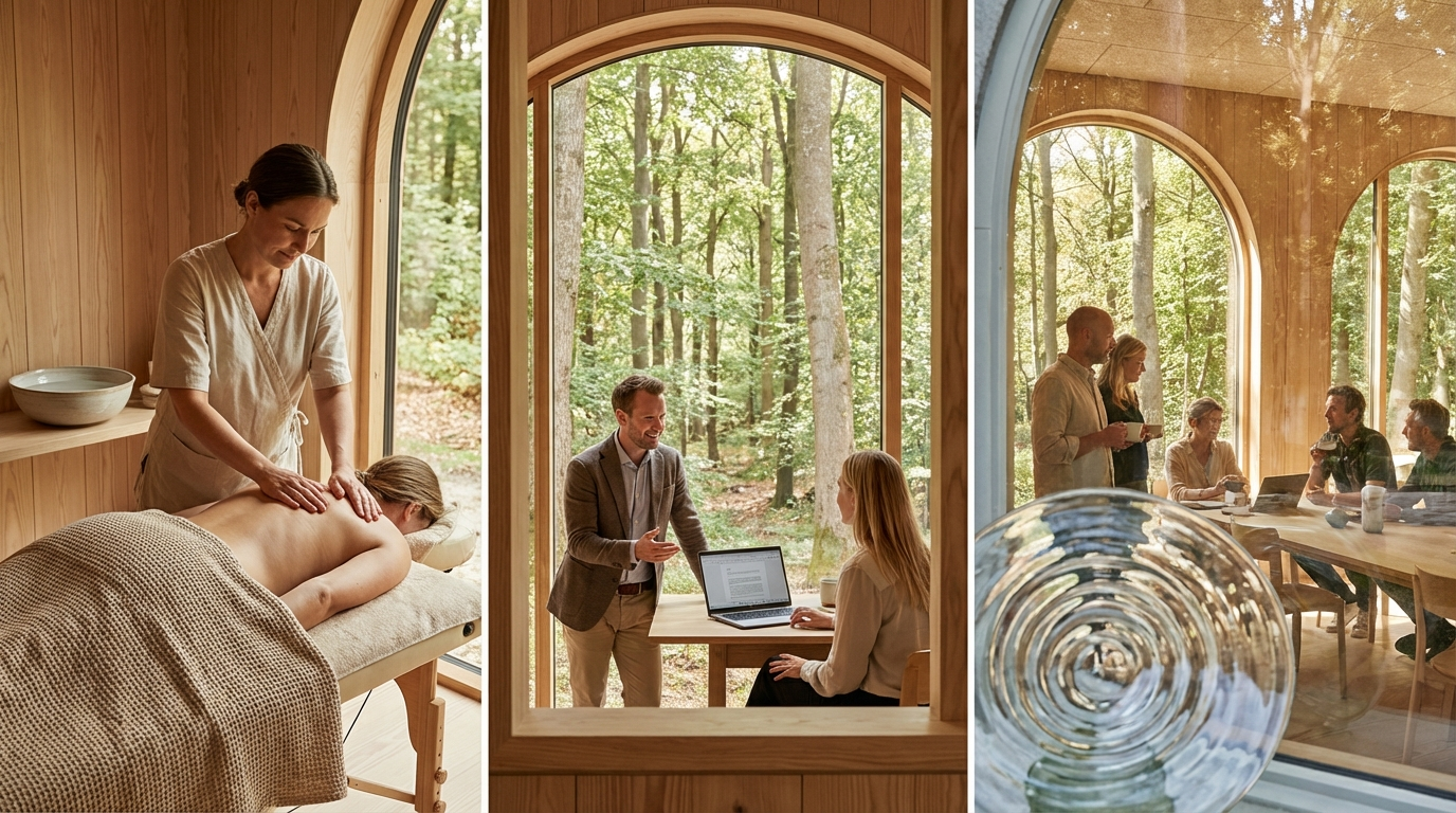 Visuel repræsentation af ringe i vandet: Terapeut masserer klient. Klienten føler sig bedre og går ud i verden. Ringe spredt outward viser klienten anbefale til kollega, network vokser. Dansk egeskov gennem vinduerne.