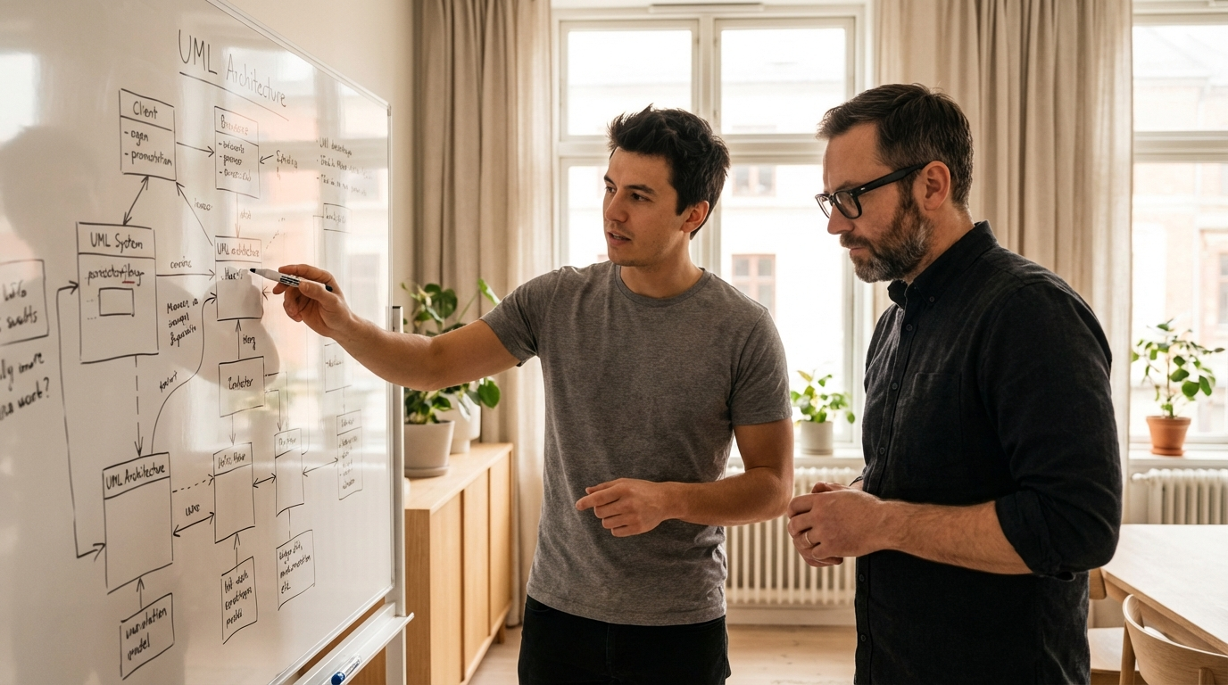 Tom og Aksel arbejder på kode