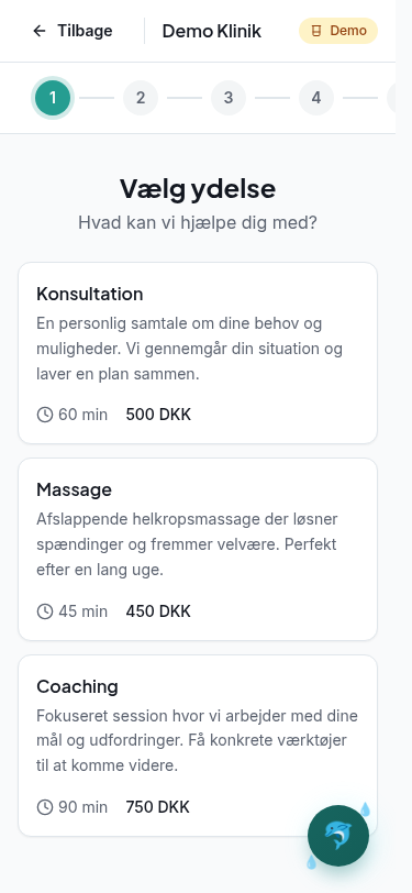 Simple Bookings — vælg ydelse (mobil)